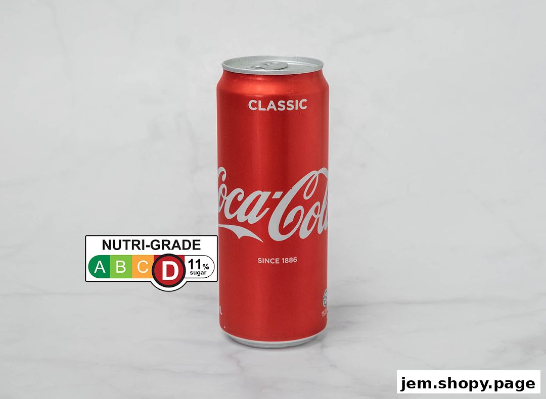 A can of Coca-Cola Classic with a Nutri-Grade D rating and 11% sugar.