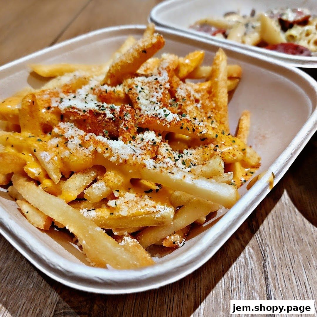 A close-up shot of delicious cheese fries topped with herbs and spices.