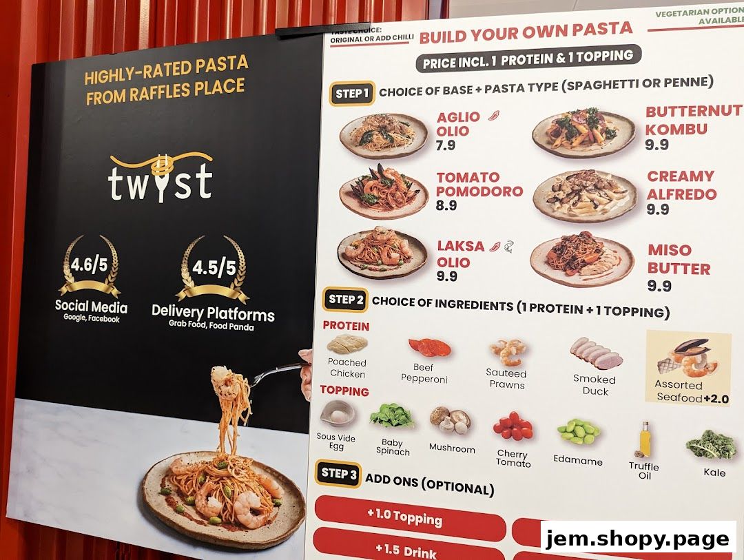 A menu board for Twyst, a pasta shop, showcasing build-your-own pasta options.