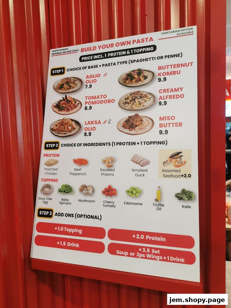 A menu board for 'Build Your Own Pasta' at Twyst, detailing bases, proteins, toppings, and add-ons.