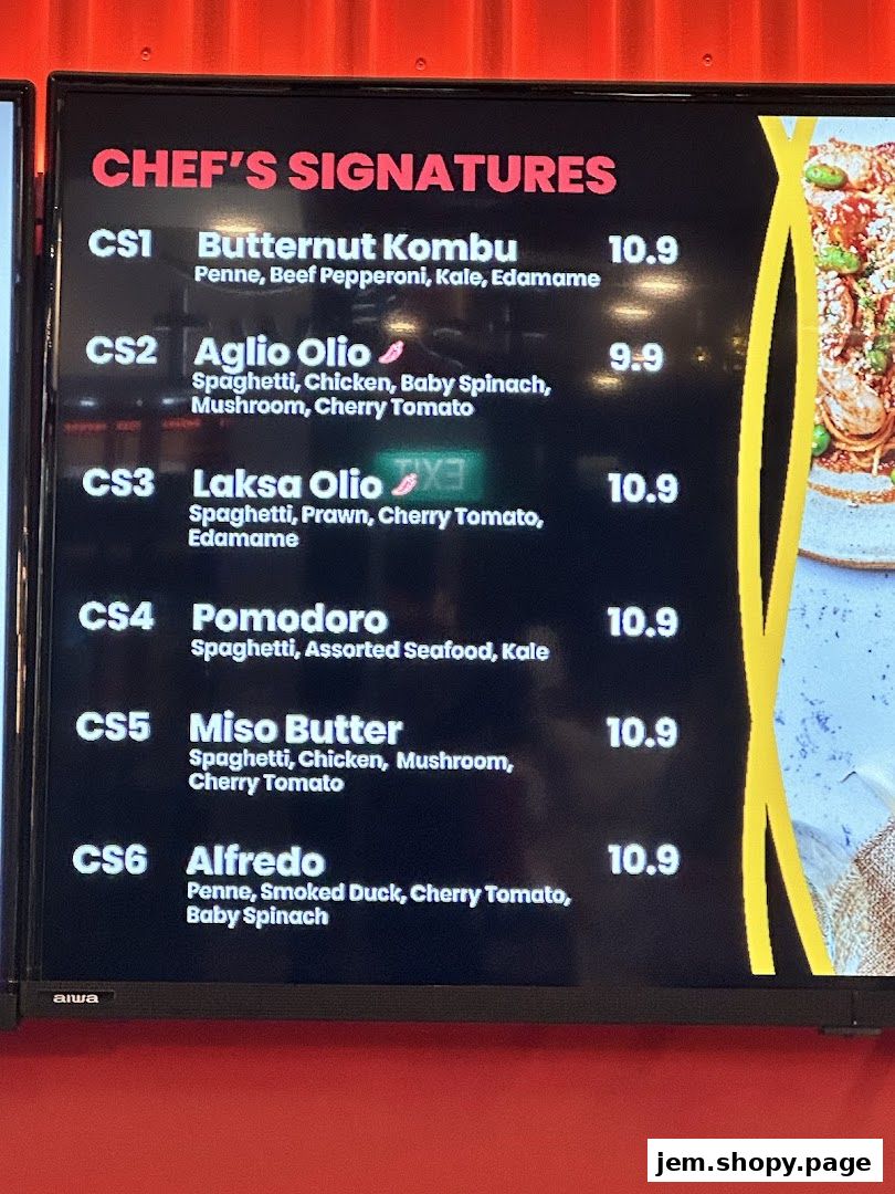 A digital menu board displaying chef's signature pasta dishes with ingredients and prices.