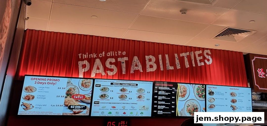 A digital menu board for Twyst, showcasing pasta options, sides, and opening promotions.
