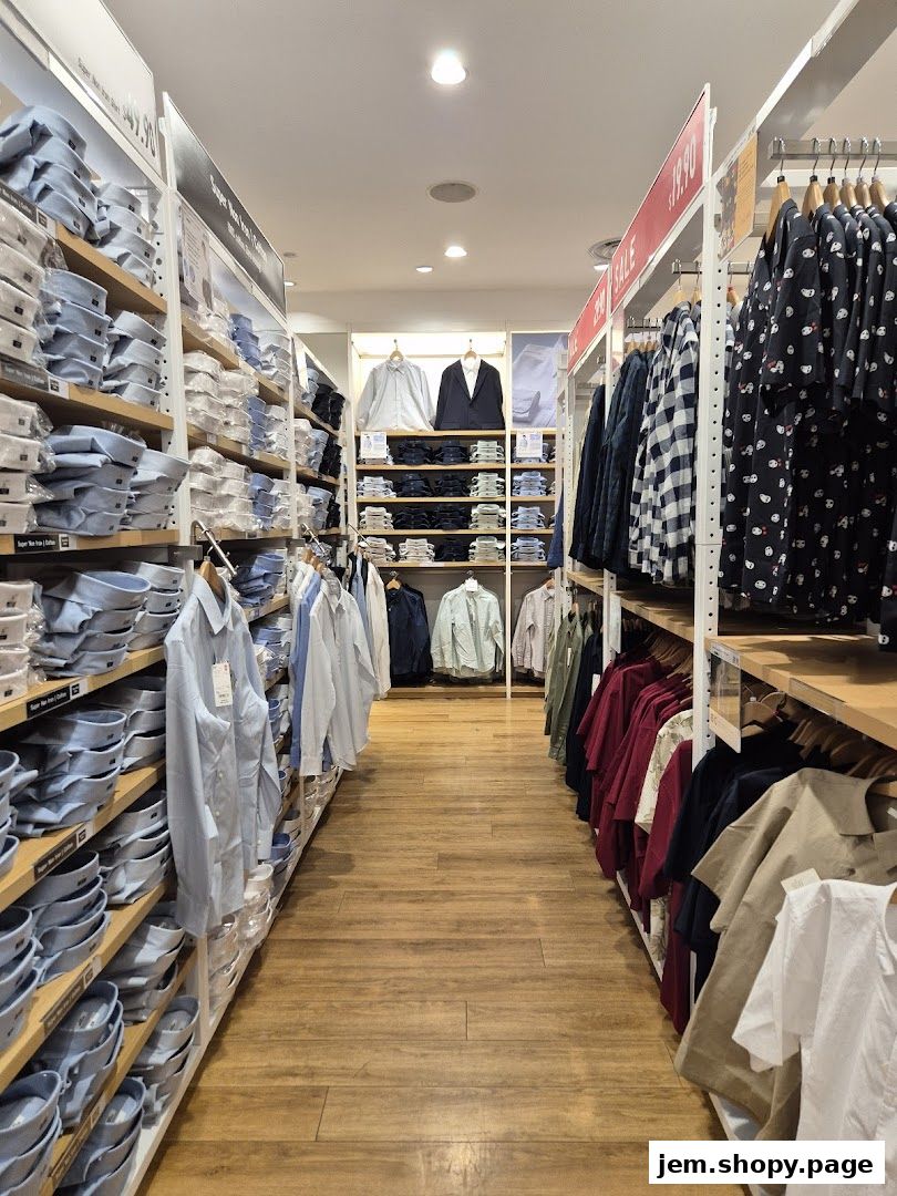Interior view of a UNIQLO store showcasing neatly folded shirts and hanging apparel.