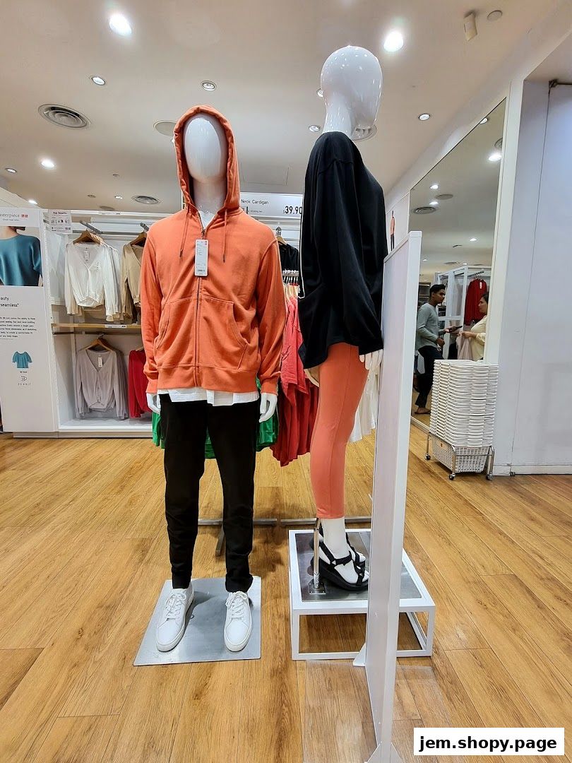 Mannequins displaying casual outfits inside a UNIQLO store.