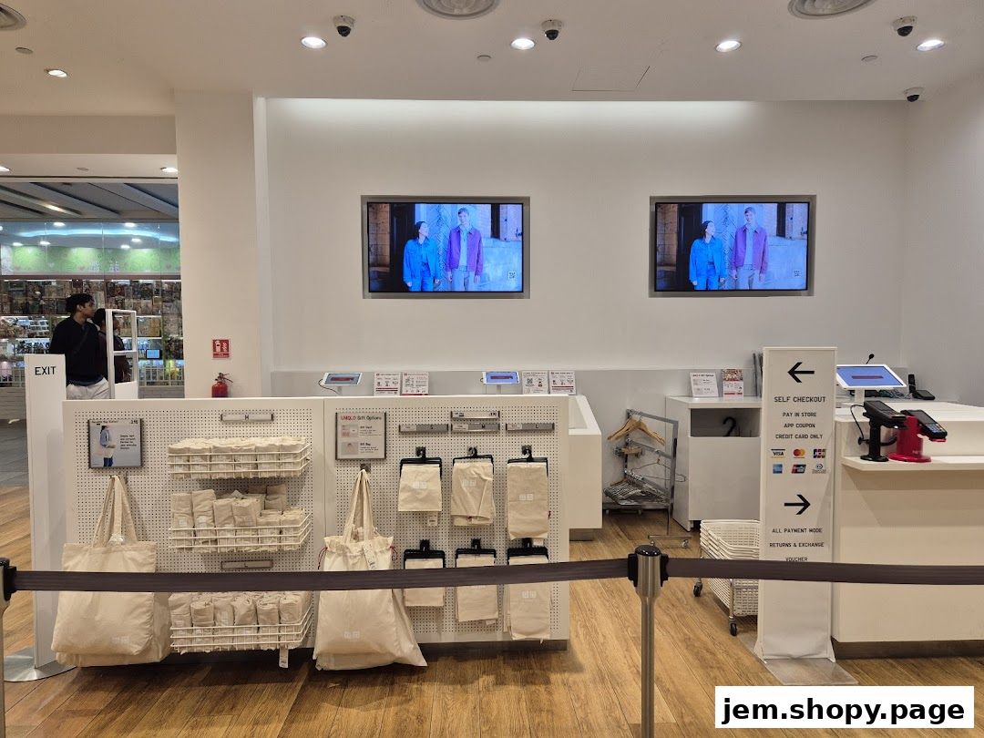 UNIQLO store checkout area with self-checkout, payment options, and displayed merchandise.