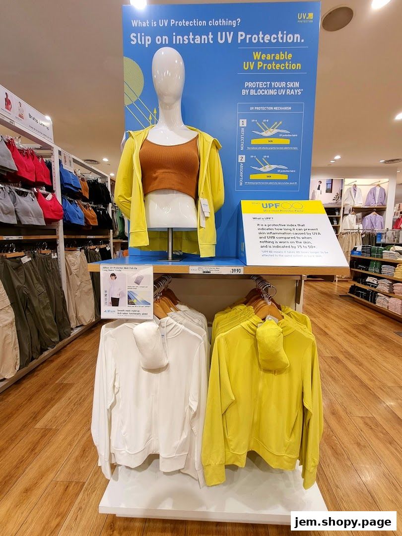 UNIQLO store display showcasing UV protection clothing with informational signage.