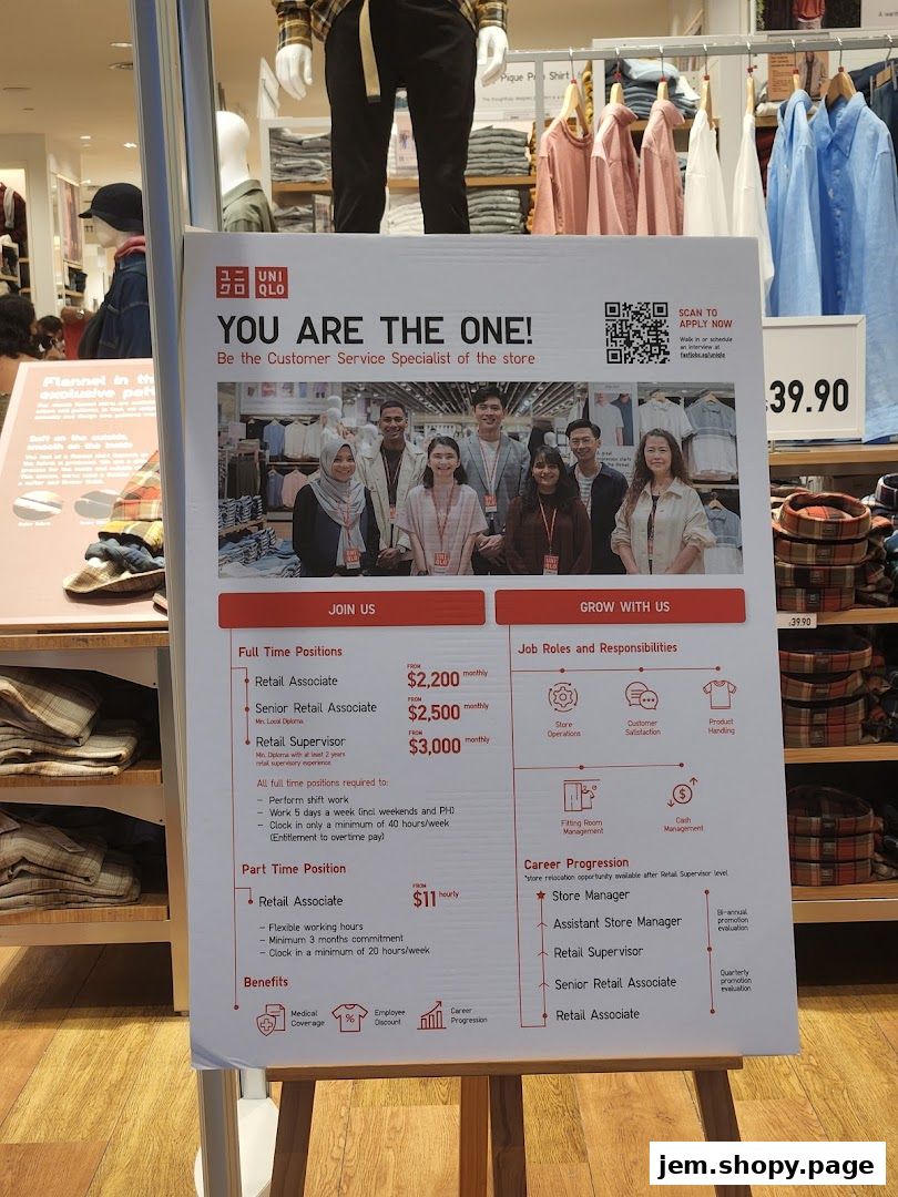 UNIQLO recruitment poster displaying job opportunities and benefits.
