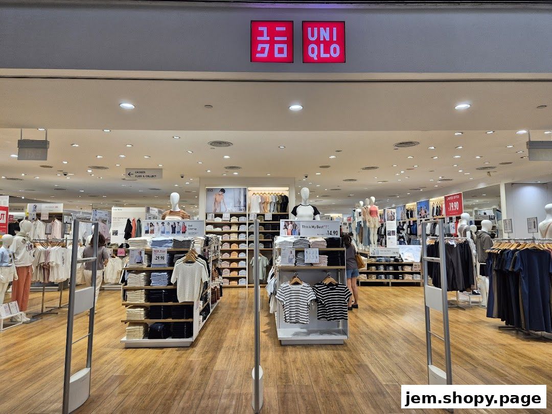 The entrance of a UNIQLO store showcasing clothing displays and mannequins.