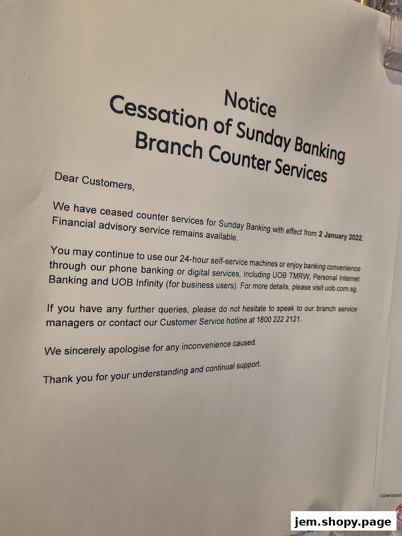 A notice announcing the cessation of Sunday banking counter services at UOB Jem Branch.