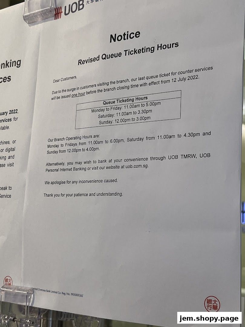 A notice from UOB Bank detailing revised queue ticketing hours and branch operating hours.