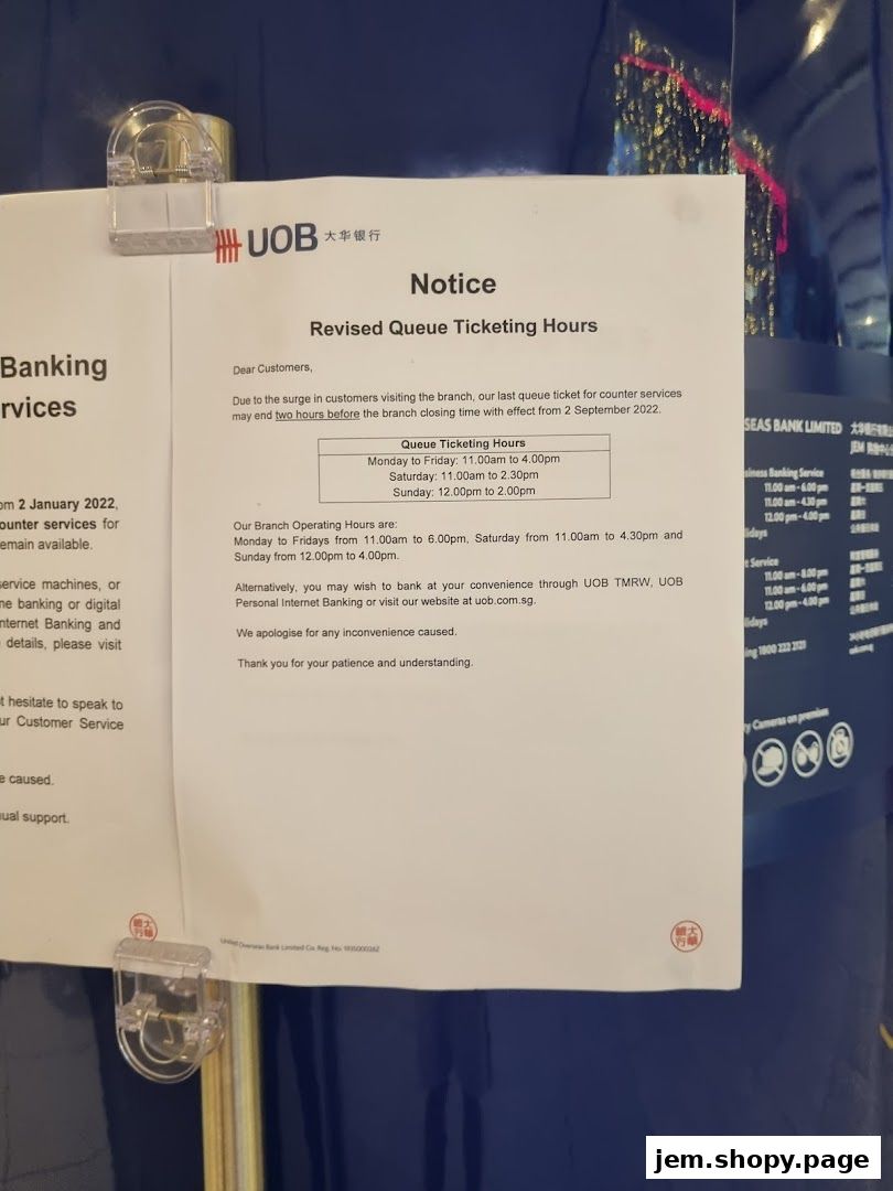 A notice about revised queue ticketing hours at UOB Bank Jem Branch.