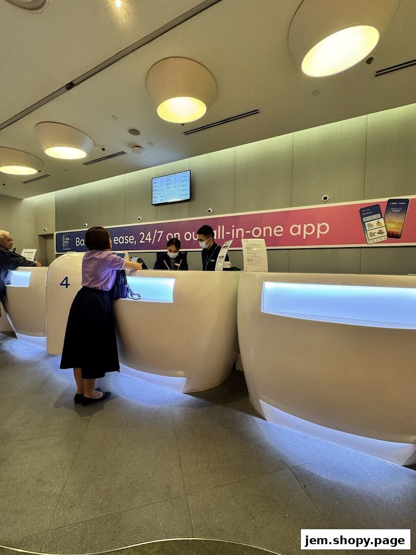Bank staff assisting customers at a modern UOB Wealth Banking Centre counter.