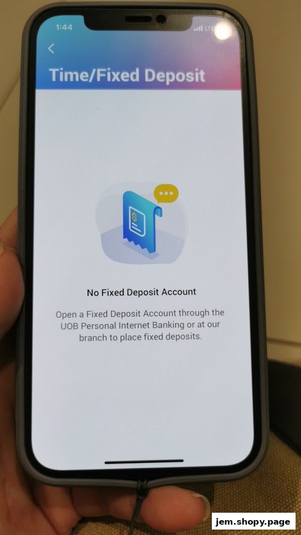 A smartphone screen displaying information about Time/Fixed Deposit accounts from UOB.