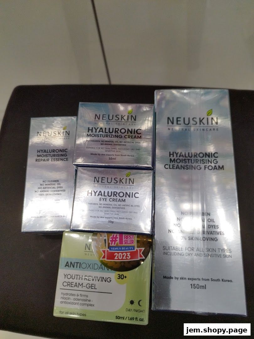 A collection of Neuskin skincare products including creams, essences, and cleansing foam.