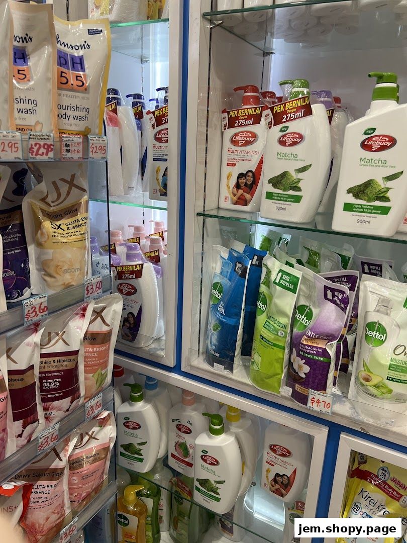 Shelves stocked with various body wash and hand soap brands, including Lifebuoy, Dettol, and Johnson's.