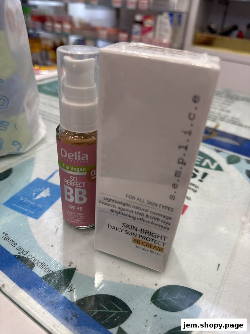 Close-up of two BB cream products, one from Delia Cosmetics and another from S.e.m.p.i.c.e.