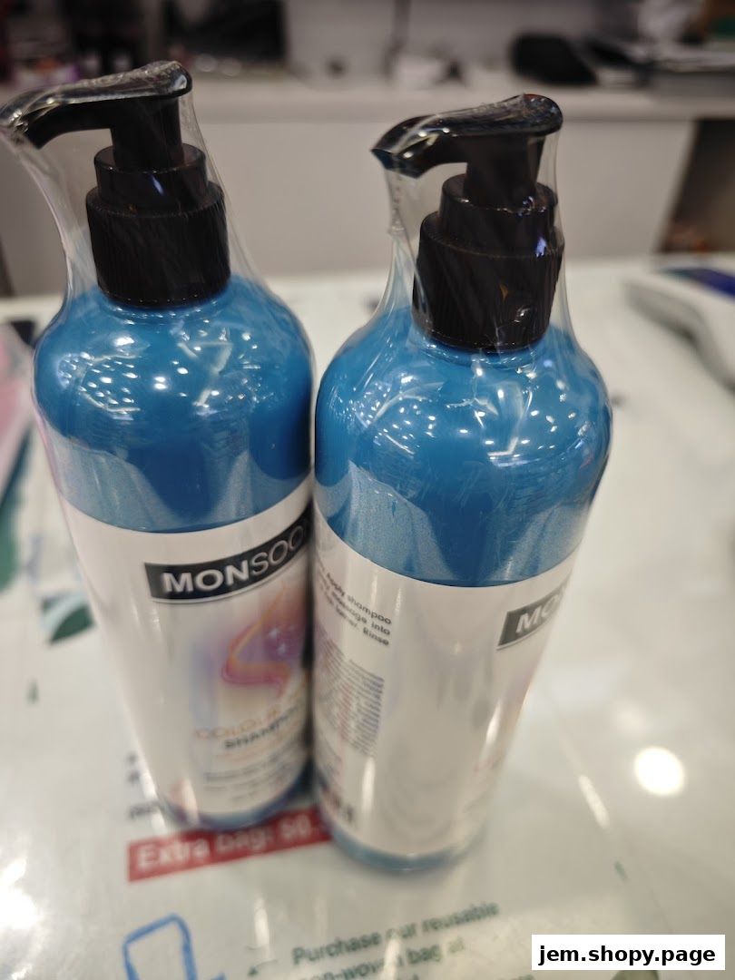 Two bottles of Monsoon Colour Shampoo with pump dispensers are displayed.