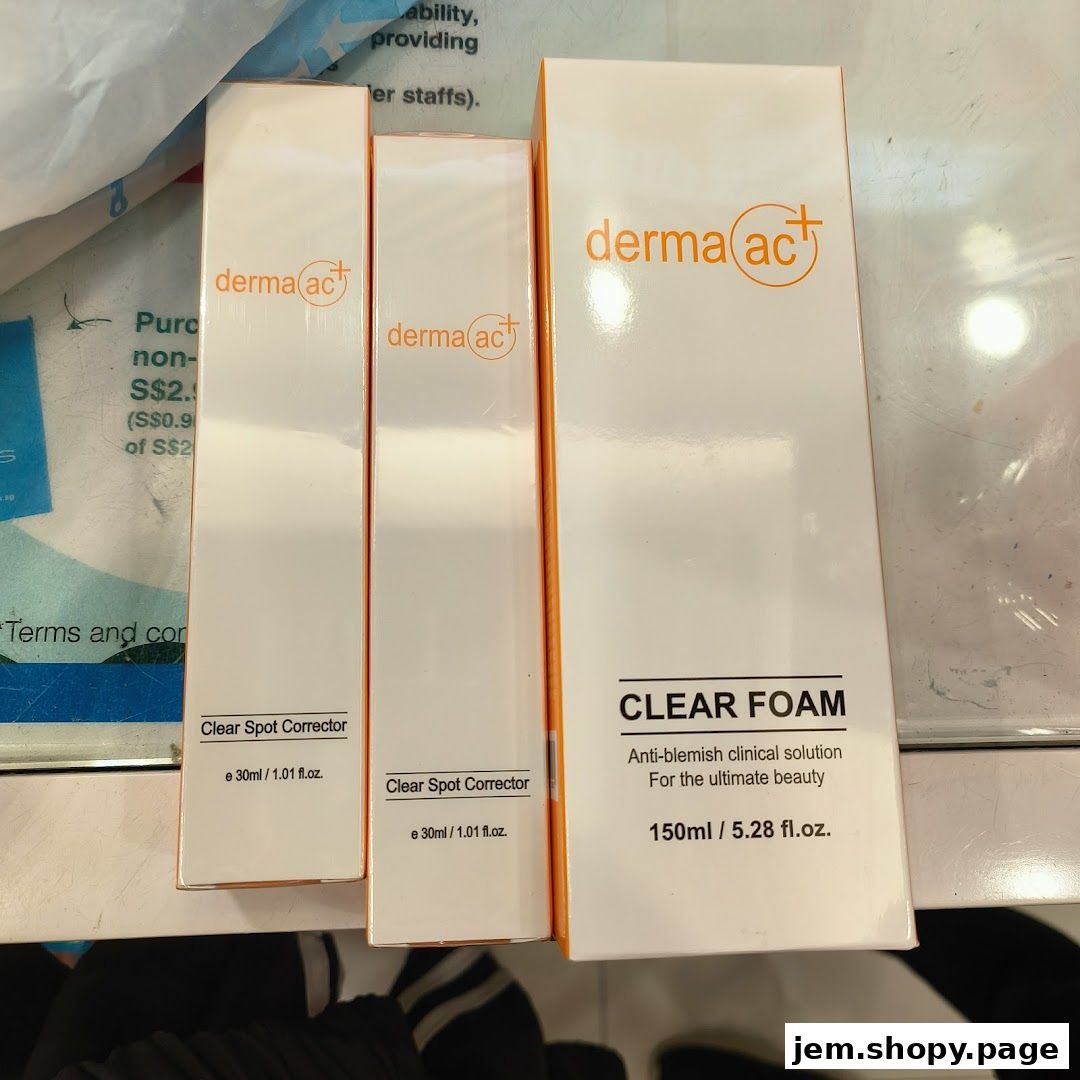 Three boxes of Derma AC+ skincare products, including Clear Spot Corrector and Clear Foam.