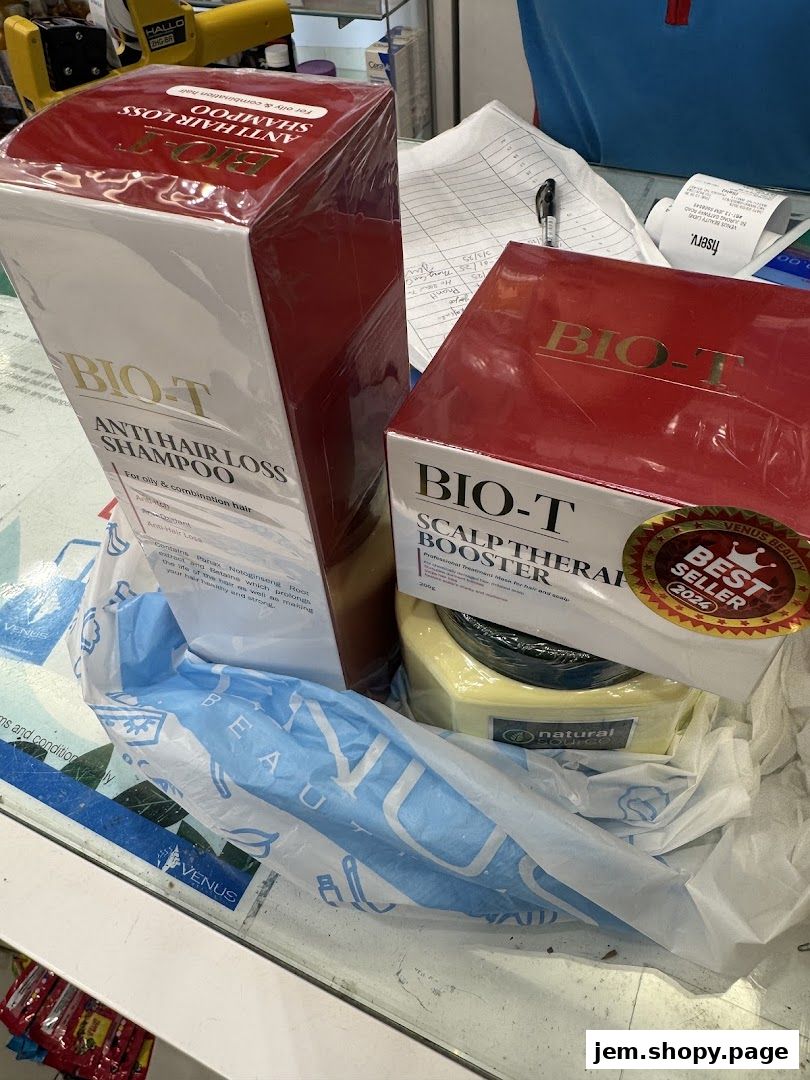 Products from Venus Beauty Jem, including anti-hair loss shampoo and scalp therapy booster.