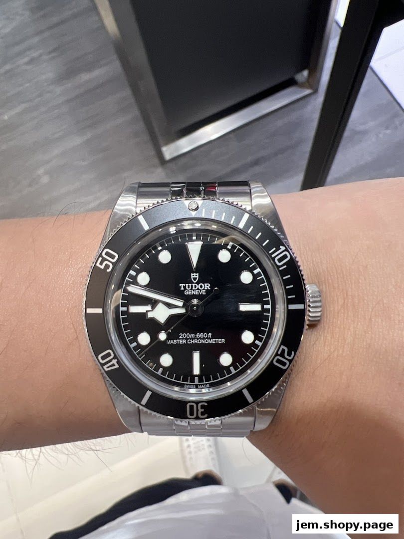 A close-up shot of a Tudor Black Bay watch on a person's wrist.