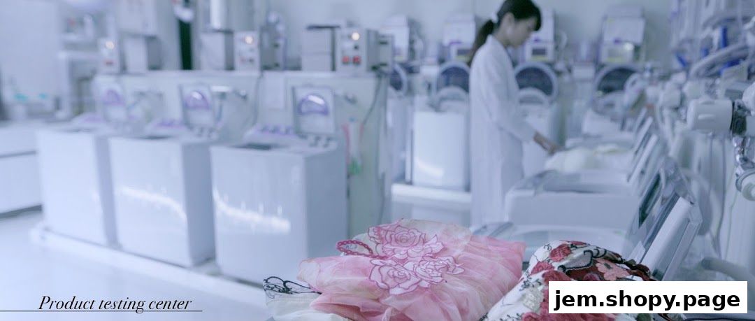 A woman in a lab coat works in a product testing center with various machines.