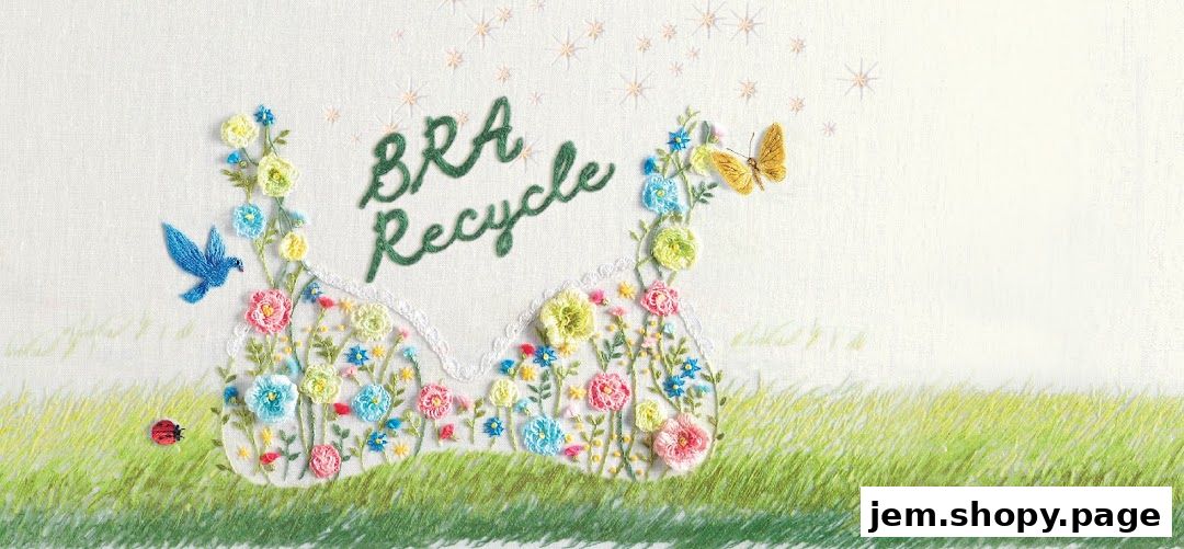 Embroidery of a bra decorated with flowers, birds, and butterflies, with the text 'BRA Recycle'.