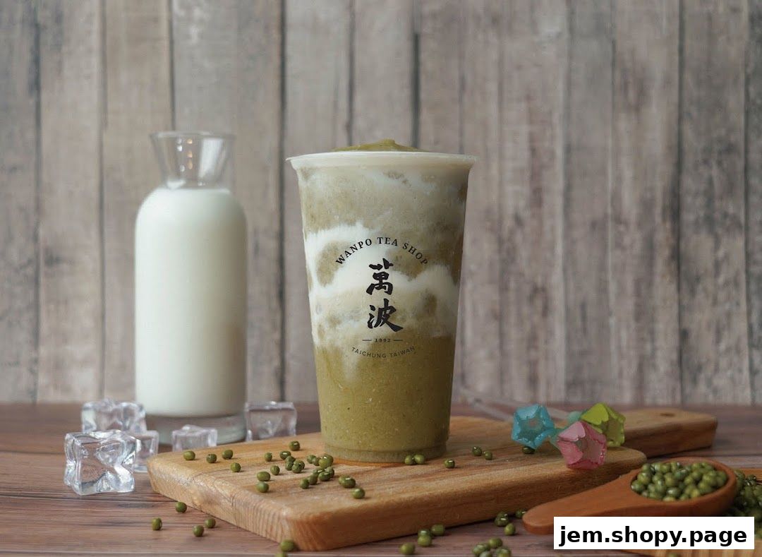 A refreshing mung bean smoothie from Wanpo Tea Shop with milk and ice.