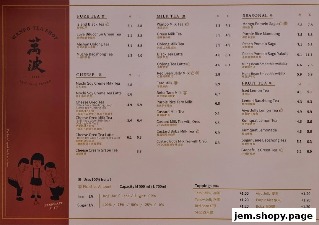A menu from Wanpo Tea Shop featuring various milk teas, fruit teas, and seasonal drinks.