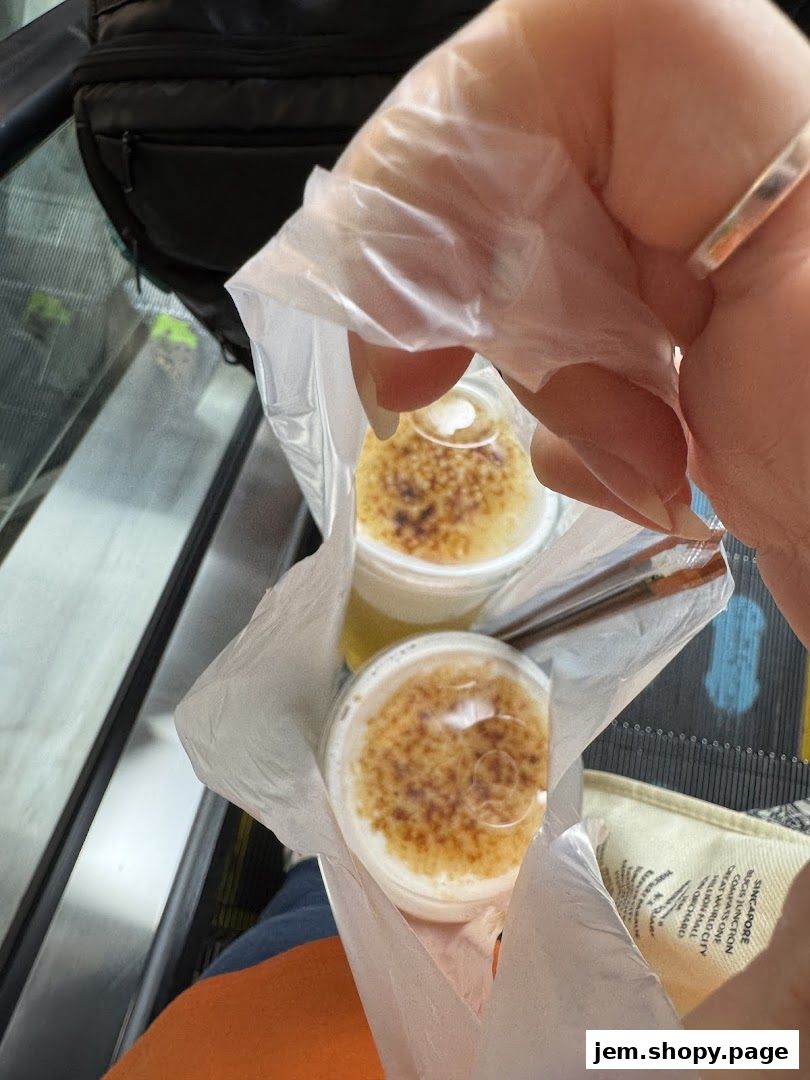 Two creme brulee desserts from Wanpo Tea Shop in a plastic bag.