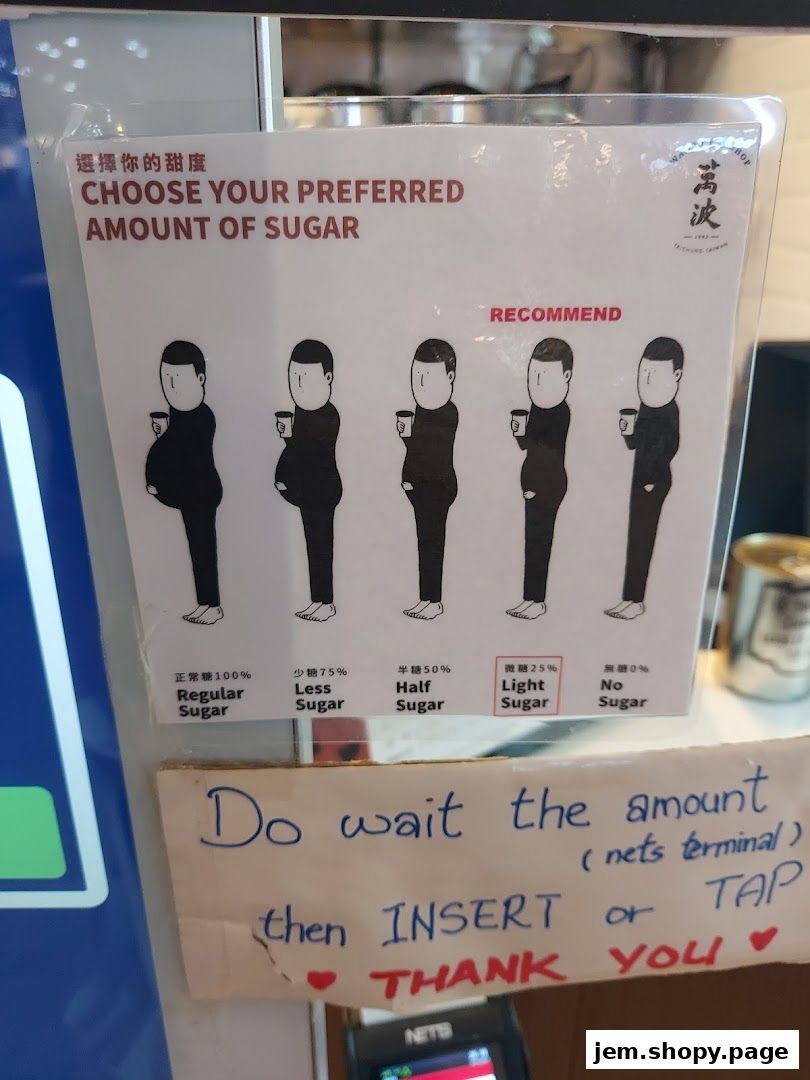 Sign showing sugar level options for drinks at Wanpo Tea Shop.