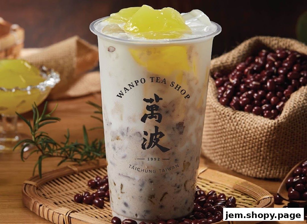 A refreshing Wanpo Tea Shop beverage with jelly and red beans.