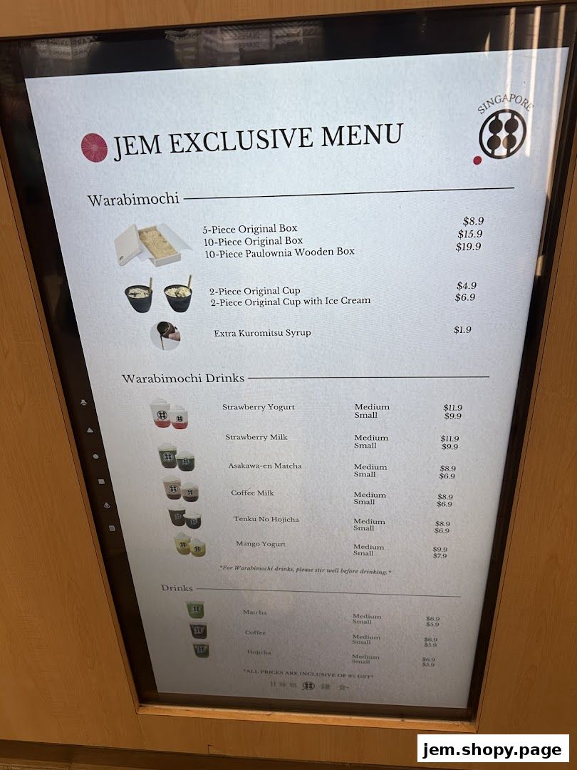 A digital menu board displaying Warabimochi and drink options with prices.