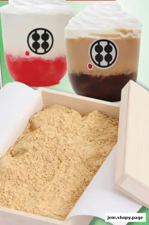 A box of kinako mochi and two refreshing drinks with whipped cream.