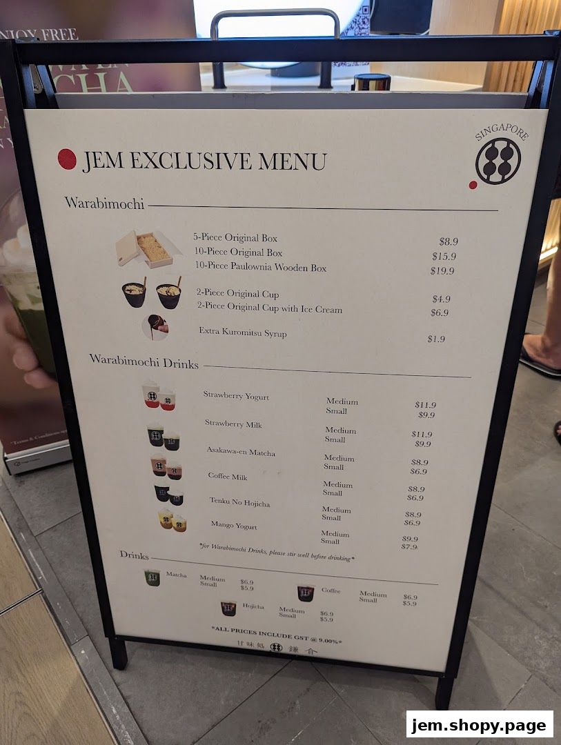 A menu board for Warabimochi Kamakura, featuring exclusive JEM menu items and drinks.
