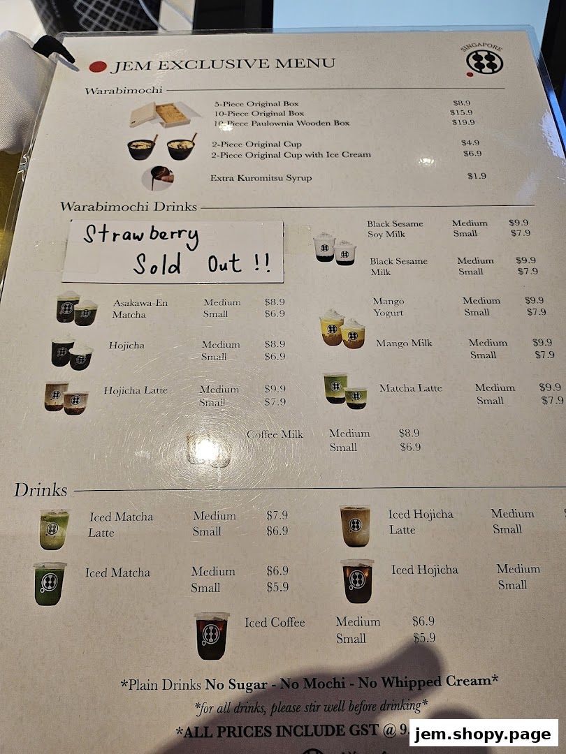 A menu for Warabimochi Kamakura featuring various mochi and drink options.