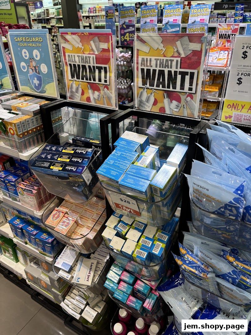 A display of health and beauty products, including masks, medications, and personal care items.
