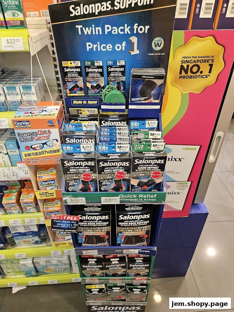 A display of Salonpas support products, including ankle, elbow, and back supports, with promotional pricing.