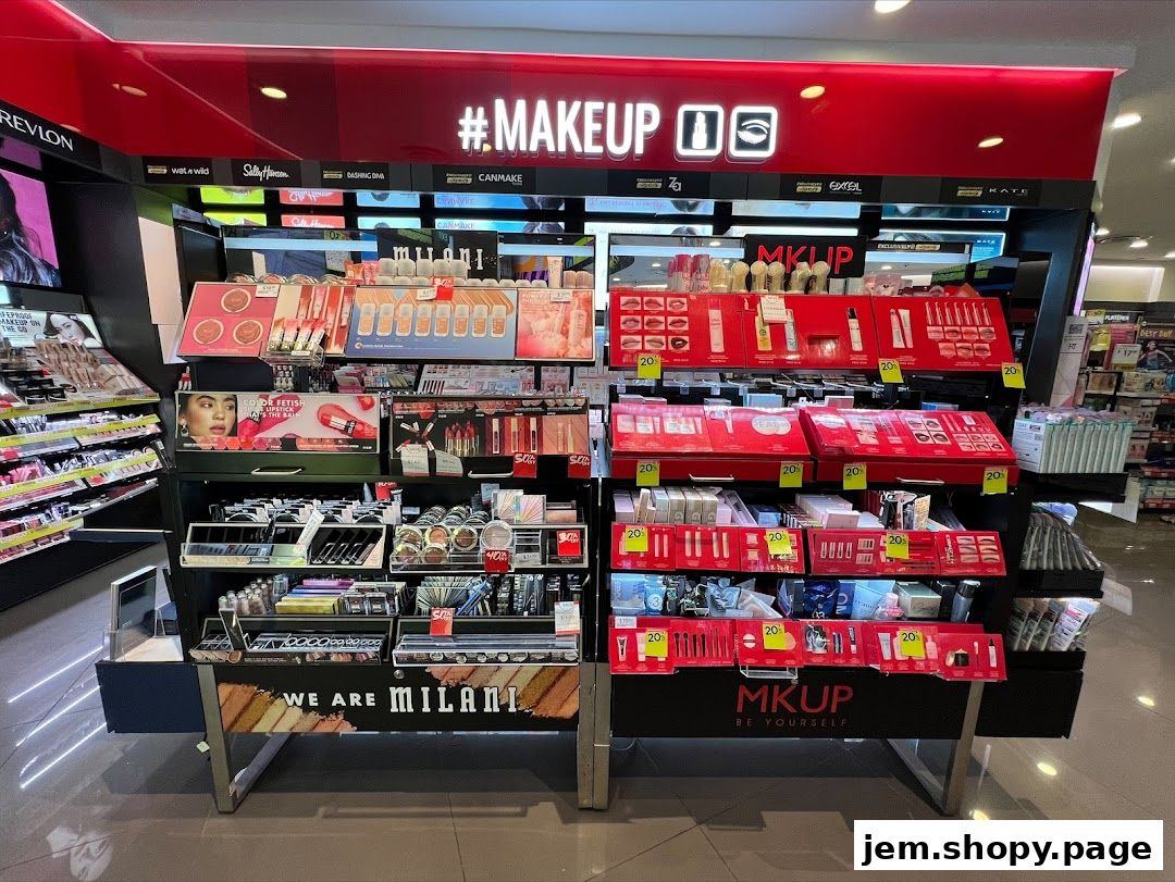 A display of various makeup products from different brands, featuring discounts.