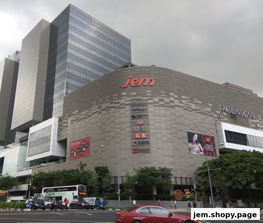 The JEM shopping mall features various retail stores and Robinsons department store.