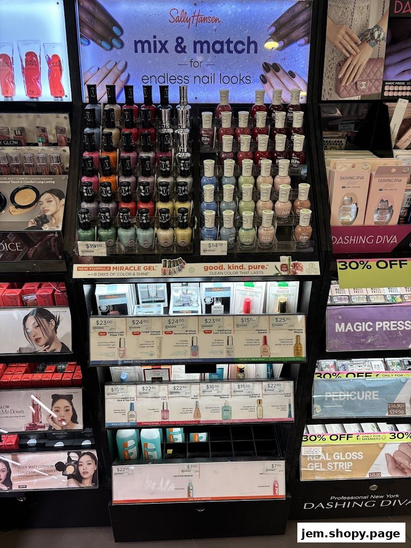 A display of various nail polish and beauty products, including Sally Hansen and Dashing Diva brands.