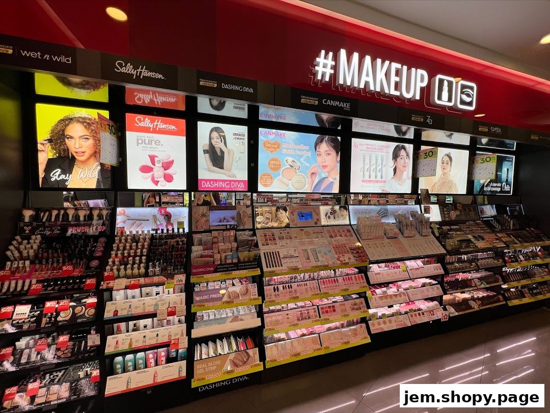 A wide display of makeup products from various brands, including Sally Hansen and Wet n Wild.