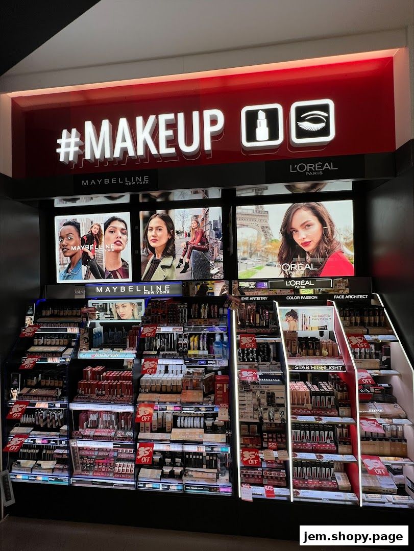 A display of Maybelline and L'Oréal makeup products with promotional signage.