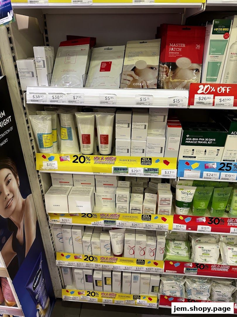 Shelves stocked with various skincare products, including masks, cleansers, and moisturizers.