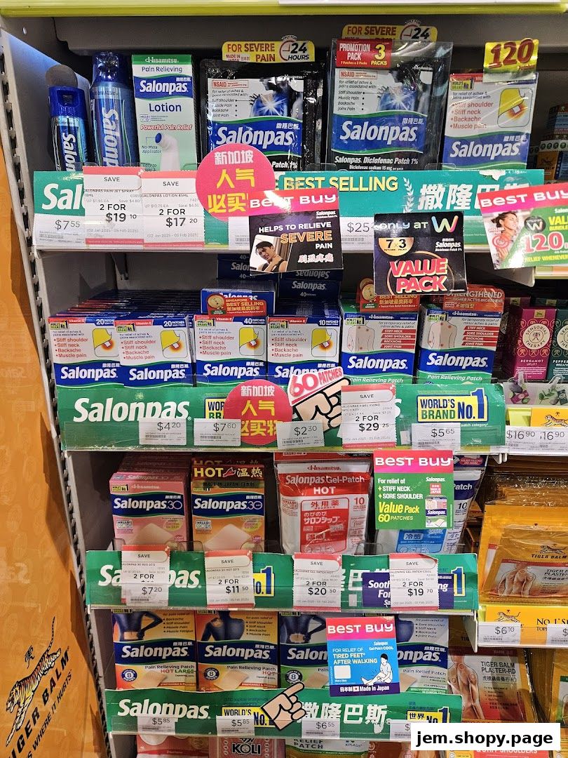 A display of Salonpas pain relief patches and lotions in various sizes and packaging.