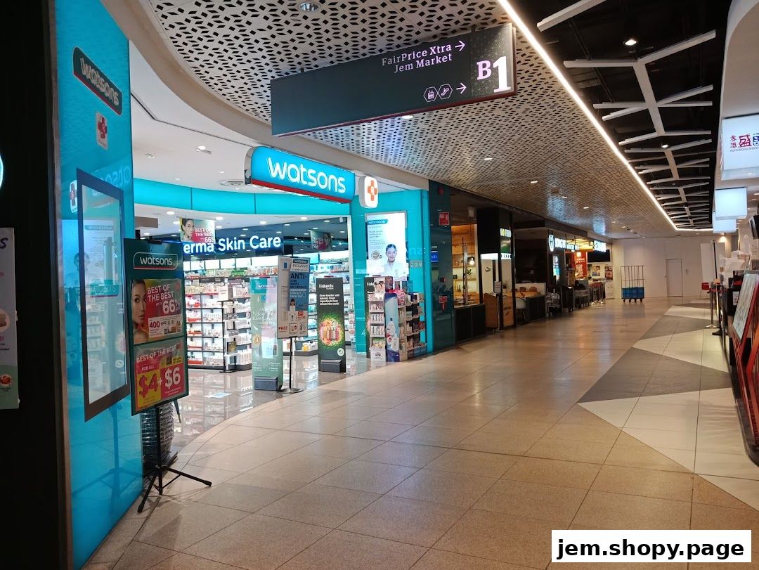 The entrance of Watsons pharmacy and GNC store, featuring promotions and skin care products.