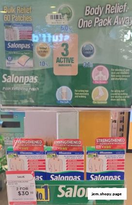 Display of Salonpas pain relieving patches with promotional pricing.