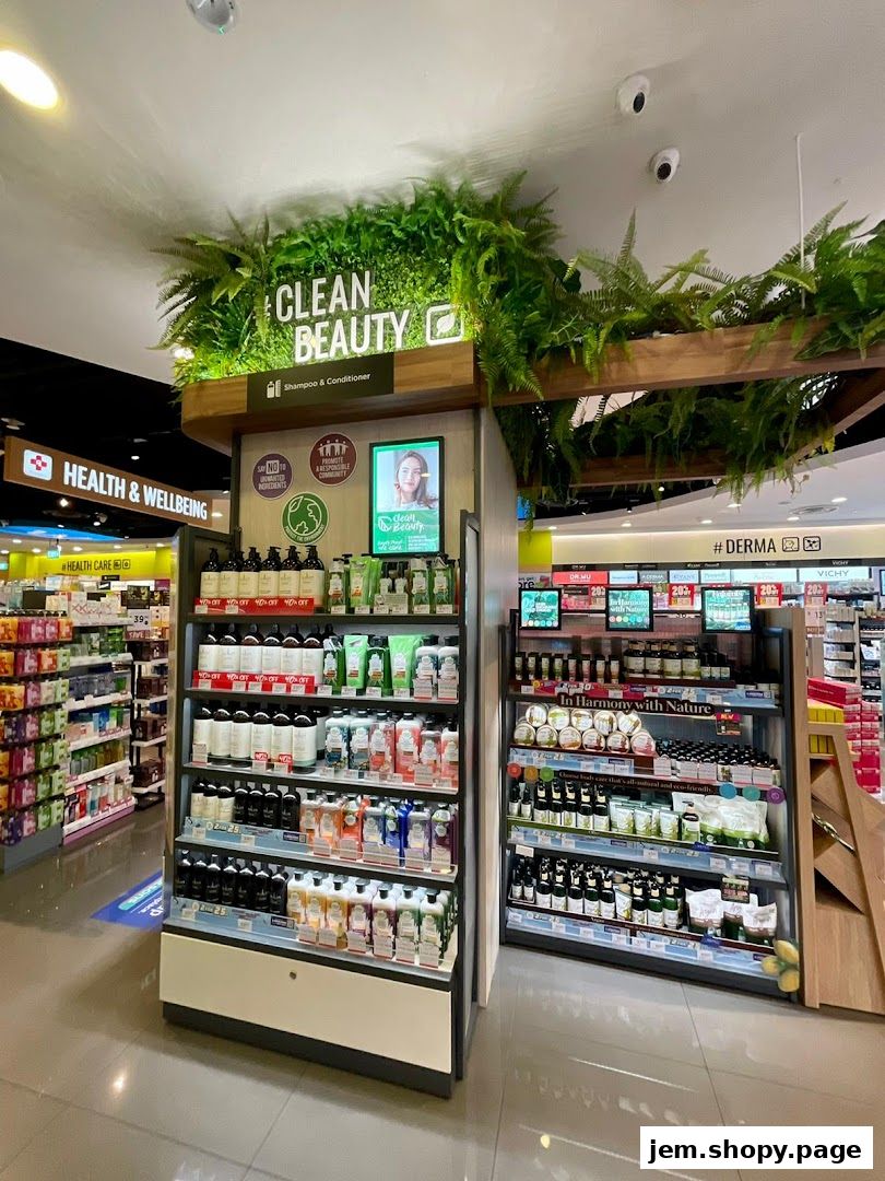 A Watsons store section featuring 'Clean Beauty' shampoo and conditioner products.