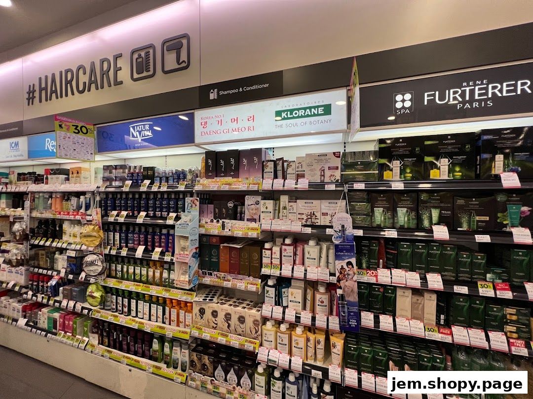 A wide selection of haircare products displayed on shelves in a retail store.