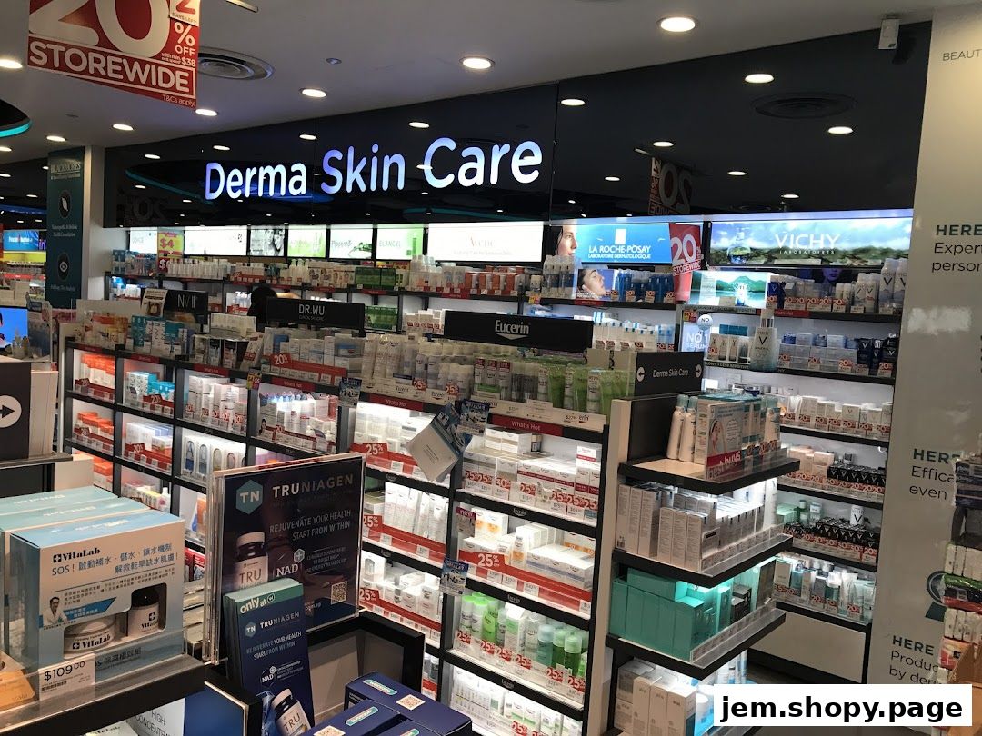 A well-stocked pharmacy and skincare store with various brands and products on display.