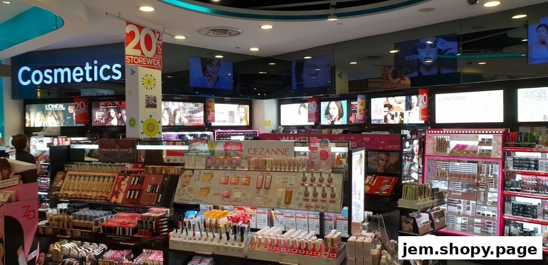Interior view of a cosmetics store with various brands and promotional displays.